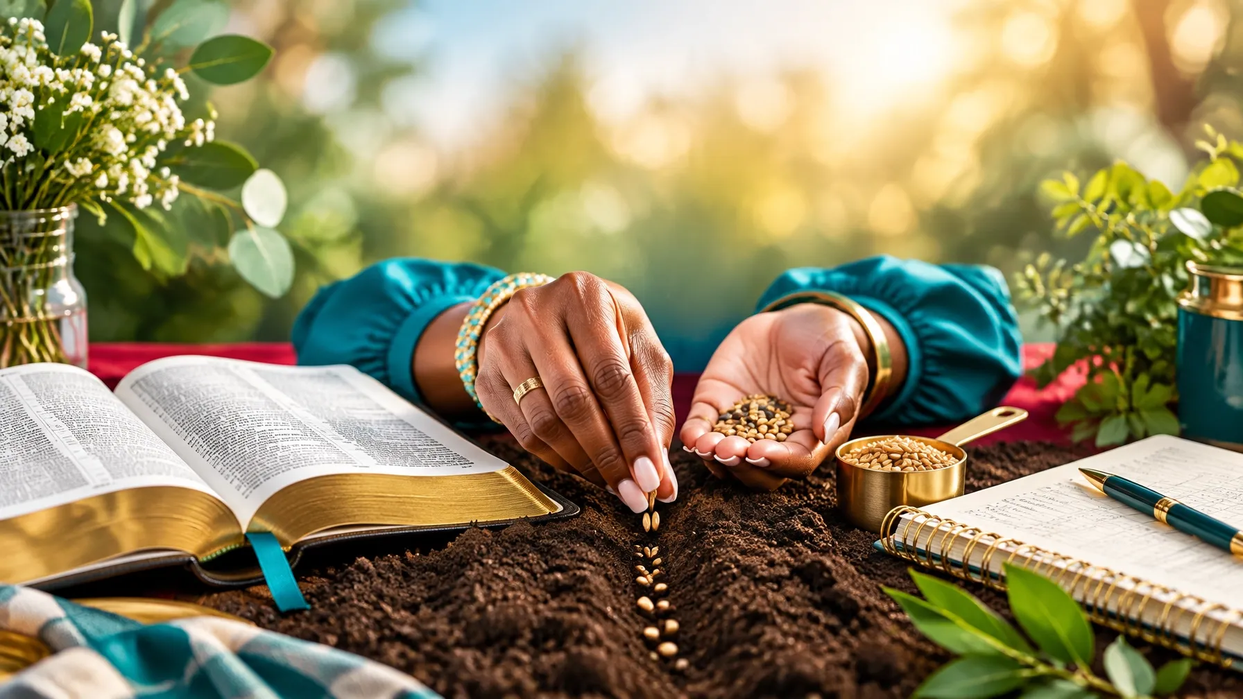 Woman planting seeds beside an open KJV Bible and a household budget ledger