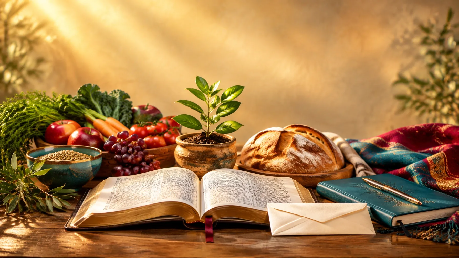 Open KJV Bible, bread, produce, envelope, journal, and a growing plant representing compassionate generosity