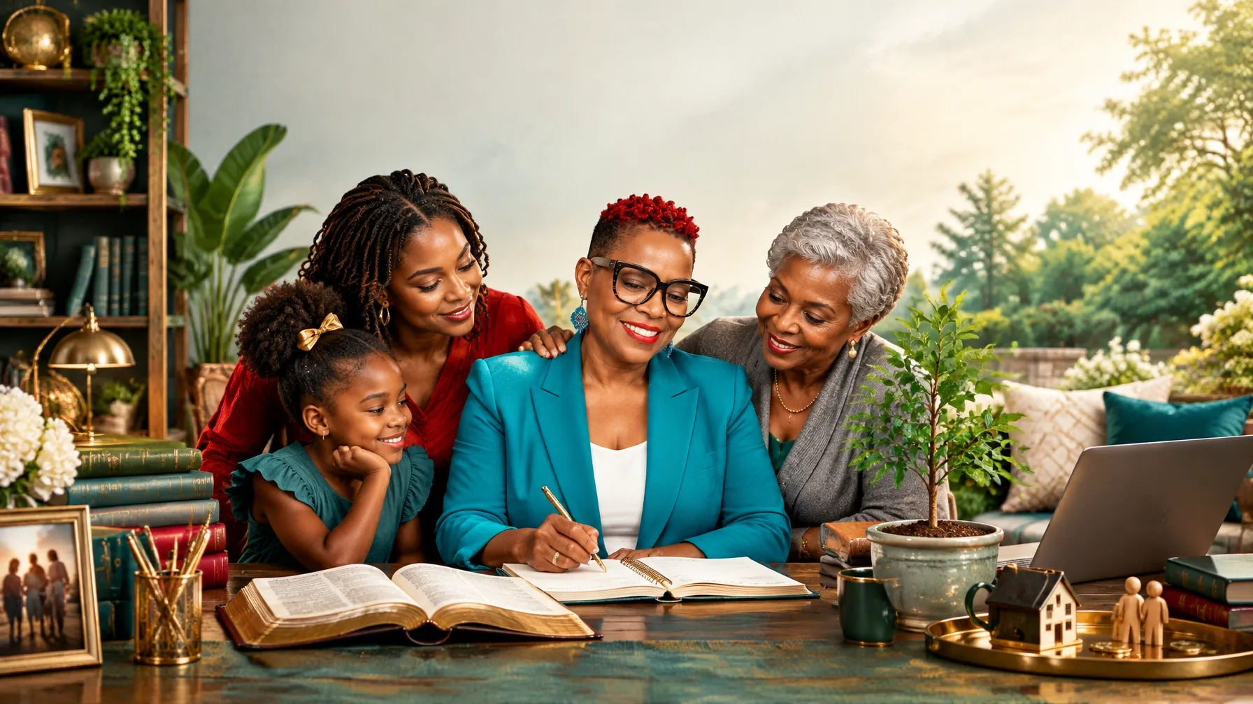 Multigenerational Christian women gathered around an open Bible, notebook, and growing tree to represent a faith based financial legacy